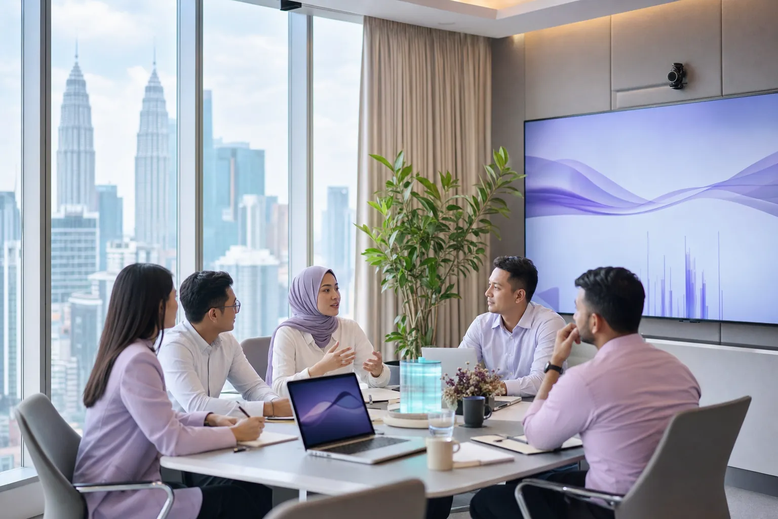 Un team regionale in una sala riunioni di un grattacielo per uffici a Kuala Lumpur